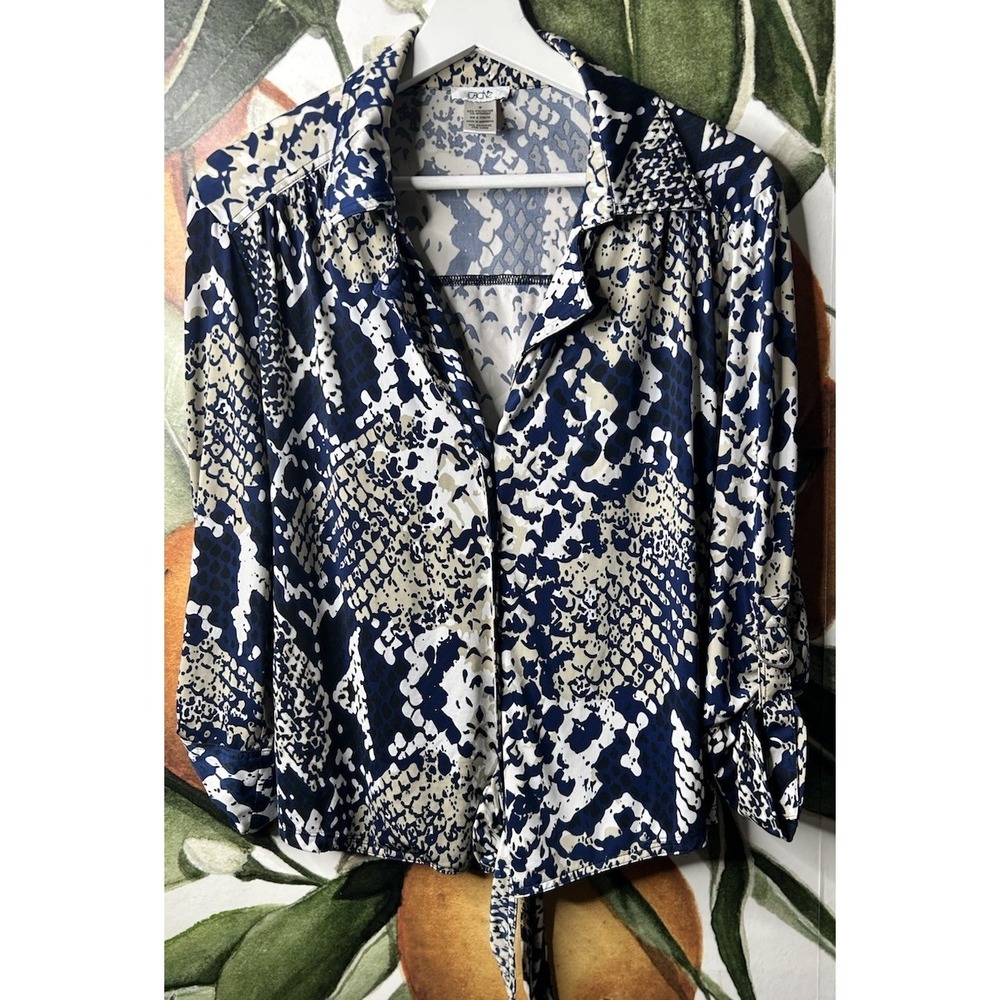 Cache Medium Printed Button Down Tie Front Tab Sleeves Satin Blouse Top Blue